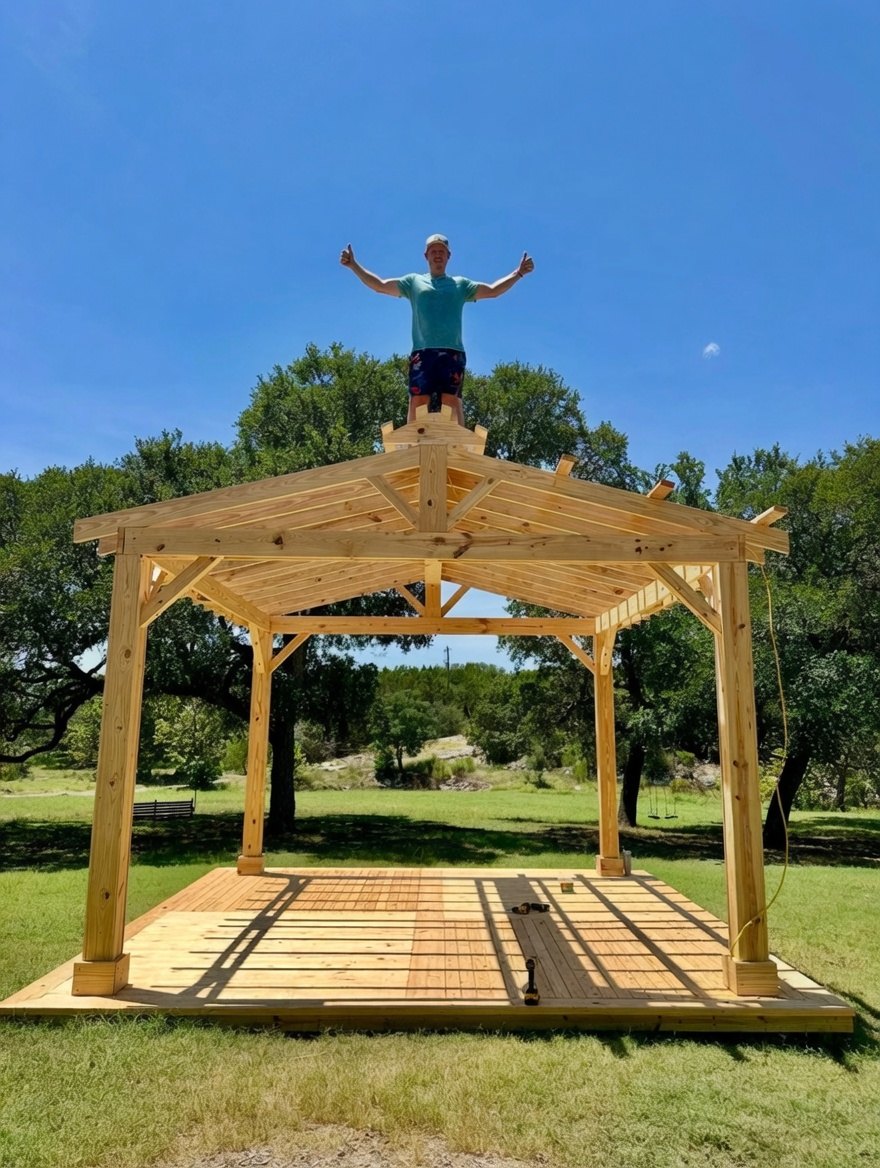 After - completed wooden gazebo with deck and open roof structure