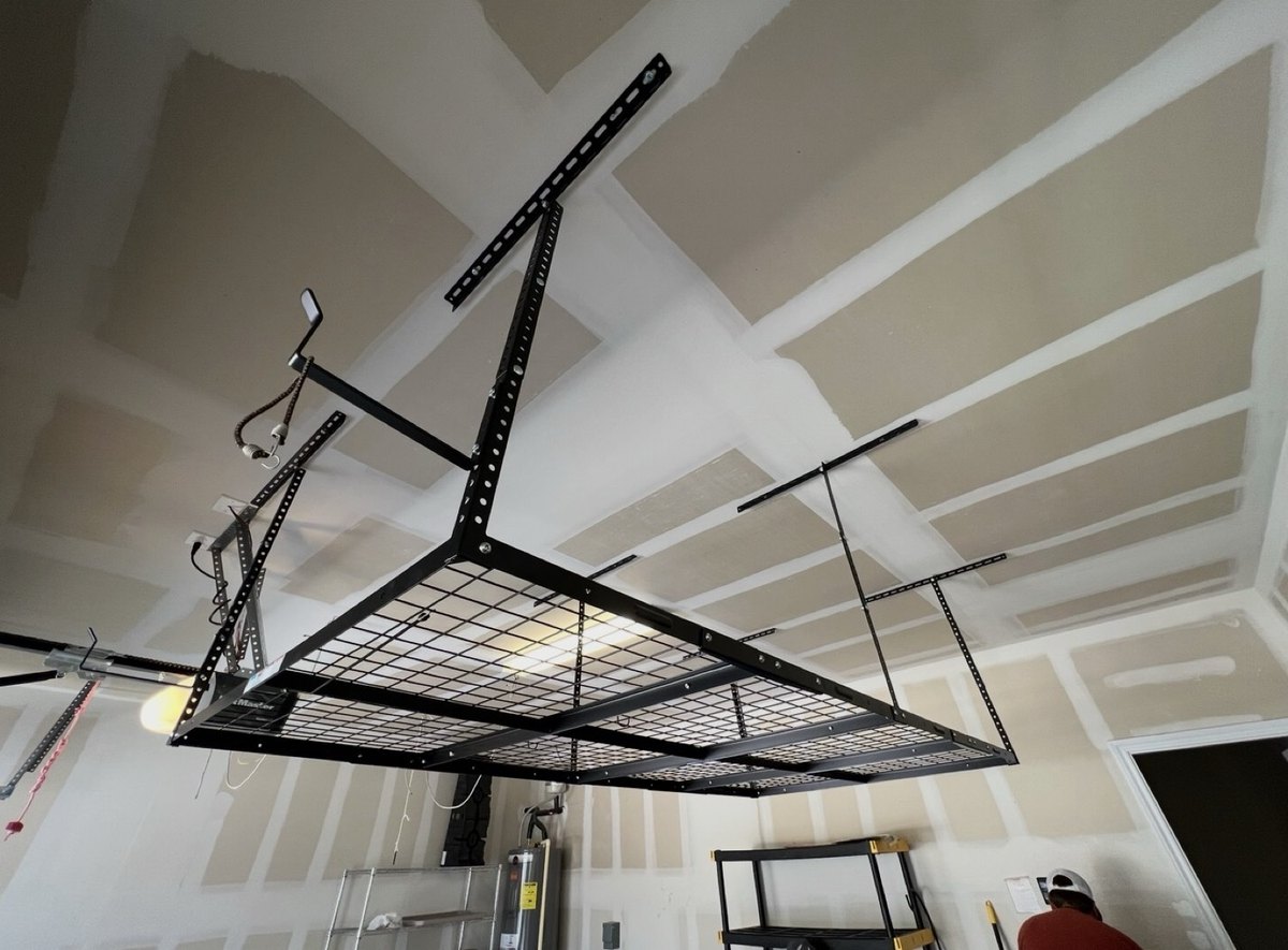 After - Fleximount overhead garage storage rack installed on ceiling